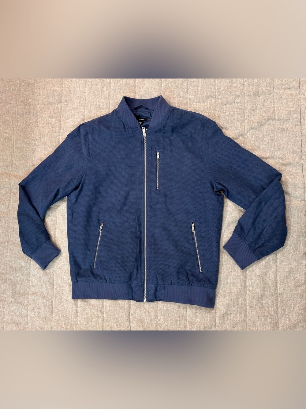 Alfani Mens L Blue Faux Suede Perforated Bomber Jacket Outerwear Full Zip